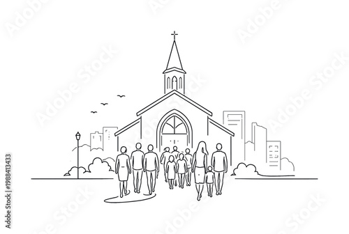 "People Gathering at Church Entrance". Minimalistic one-line drawing group of people entering a church with