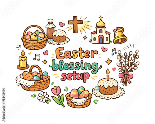 Easter Blessing Arrangement. Easter blessing setup. Hand drawn illustration of Easter blessing setup. baskets,