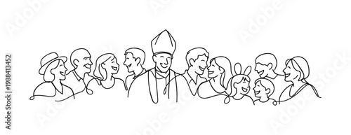 "Easter Community Joy Moment". Minimalistic one-line drawing crowd with expressive smiling faces in a warm