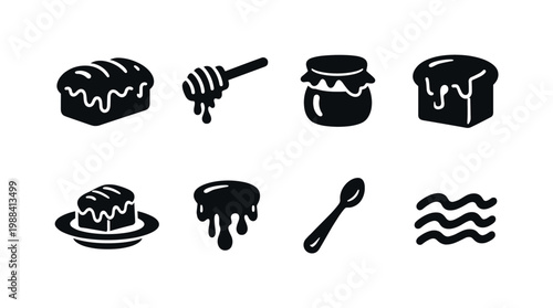 Bakery Honey Bread. Filled icon set of Bakery Honey Bread: glazed bread loaf, honey dipper, honey jar, bread