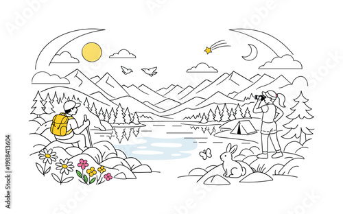 Alpine Wilderness Panorama. Endless mountain ridges stretching into the horizon, crystal lake reflecting