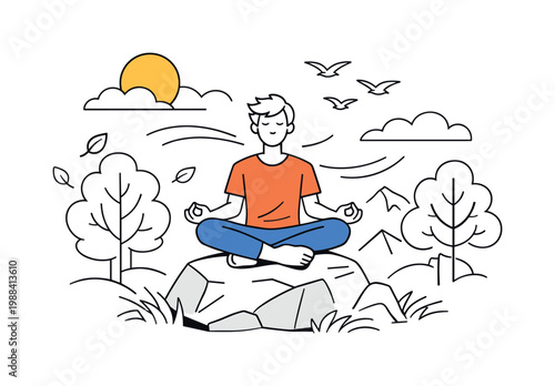 Person Meditating in Wild Nature. Calm figure sitting cross-legged on mountain rock, eyes closed in peaceful