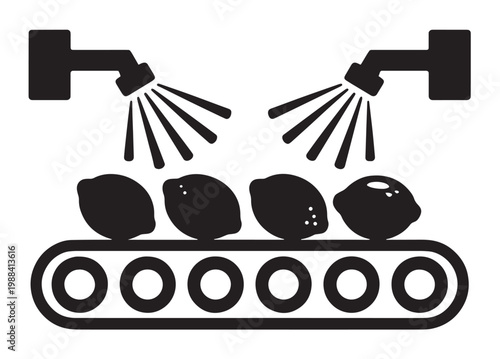 Lemons on a conveyor belt being sprayed by industrial machinery in a food production line.
