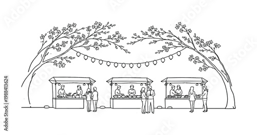 "Sakura Street Food Market". Minimalistic one-line drawing small vendor stands serving food beneath arching
