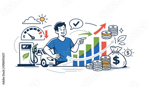 Fuel efficiency and savings concept. A car, fuel pump, and growing savings chart combine in one clean