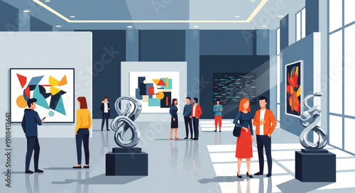 People admire modern art exhibits in a spacious gallery.