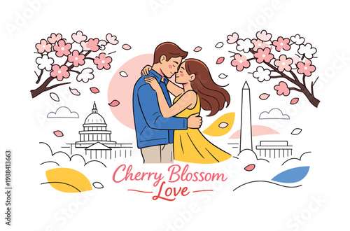 Blossom couple scene DC. A romantic pair embracing under sakura trees with DC landmarks subtly in the