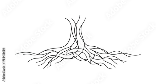 "Living Connection". Minimalistic one-line drawing intertwined tree roots with organic flowing lines
