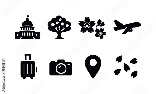 Spring Travel Washington DC. Filled icon set of Spring Travel Washington DC: capitol building, cherry blossom