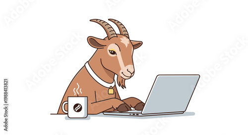 Focused Flat Illustration Goat Remote Worker Typing Diligently on Laptop with Coffee
