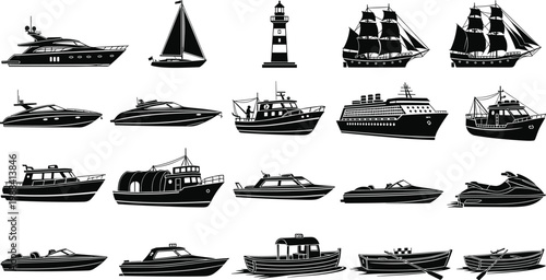 Set of Nautical Vessel Silhouettes Featuring Yachts Sailboats Cruise Ships Fishing Boats Speedboats and Lighthouses for Maritime Travel and Marine Life Graphic Designs