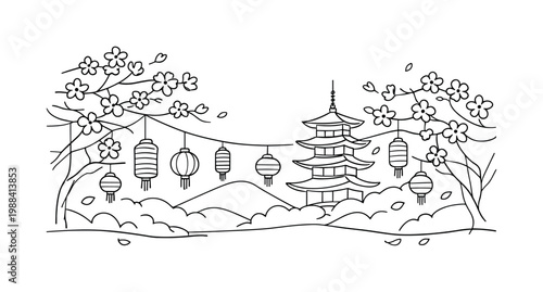 Pagoda and blossom scene. Multi-tier pagoda rising among sakura trees with petals drifting and soft abstract