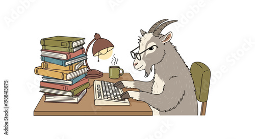 Serene Flat Illustration Goat Remote Worker Writing with Old-fashioned Keyboard and Books