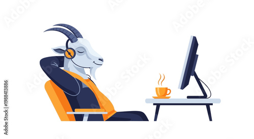 Relaxed Flat Illustration Goat Remote Worker Gazing at Monitor, Enjoying Coffee Calmly