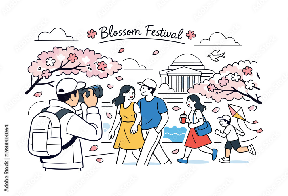 Obraz premium Street photography cherry blossom festival DC. A photographer capturing people walking under blooming cherry