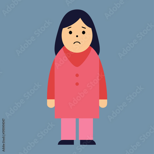 Standing woman with black hair in red and pink pajamas illustration