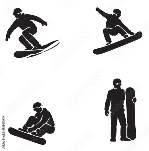 Silhouette snowboarders gliding jumping crouching and standing with boards showing dynamic winter sport actions