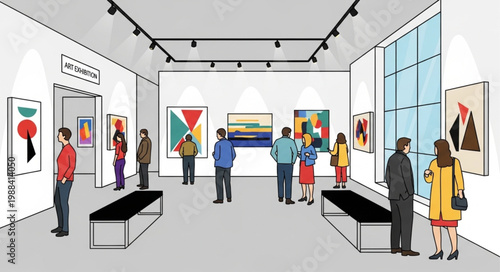 People admire modern art paintings in a bright contemporary art gallery exhibition hall.