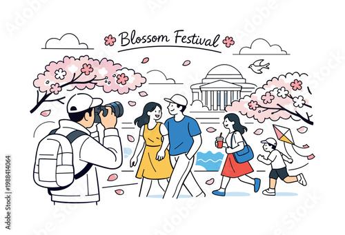 Street photography cherry blossom festival DC. A photographer capturing people walking under blooming cherry