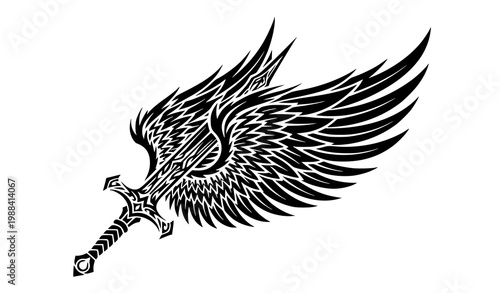 Tribal sword wings tattoo vector illustration warrior emblem fantasy design