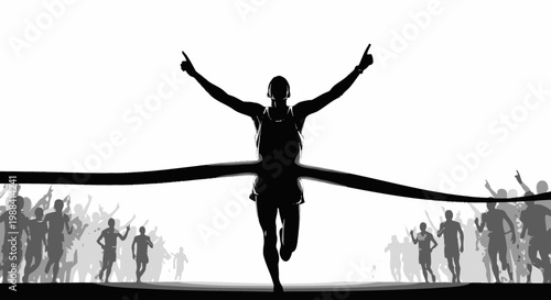 Silhouette Of Marathon Winner Celebrating Victory Reaching The Finish Line