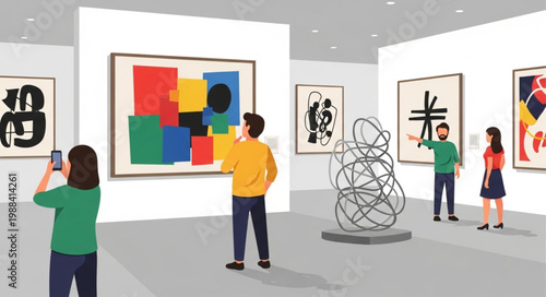 People admiring abstract art and sculptures in a modern art gallery exhibition.