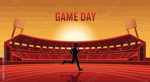 Silhouette Of Runner Approaching Stadium Under Dramatic Sunset for Game Day Event