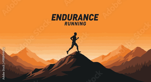 Silhouette Of Runner Conquering Peak At Sunset In Endurance Running Illustration
