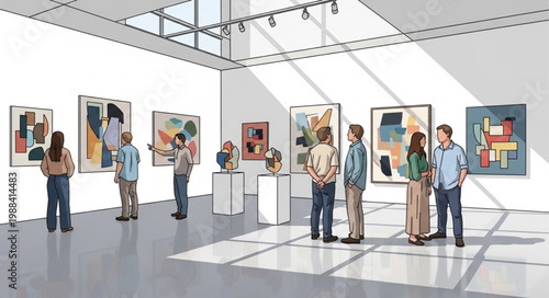 People Admiring Abstract Art in a Modern Gallery Exhibition.