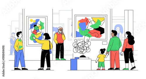 People Admiring Abstract Art in a Modern Gallery Exhibition.