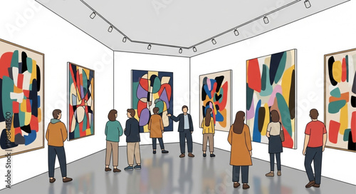 People admiring abstract art paintings in a modern art gallery exhibition.