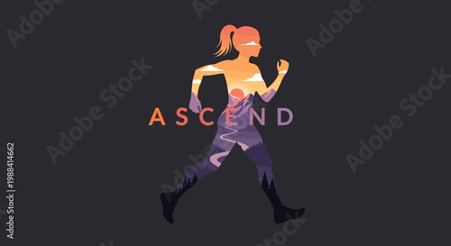 Silhouette Of Runner With Ascend Logo And Sunset Landscape Background Design