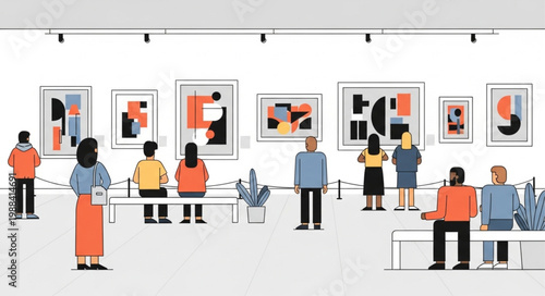 People admiring abstract art paintings in a modern art gallery exhibition.