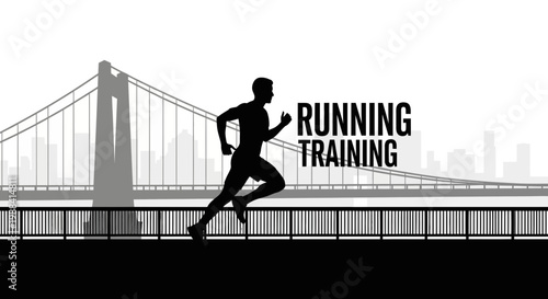 Silhouette Of Runner With Training Text Near Bridge And City Skyline For Fitness Theme