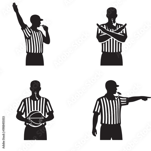 Silhouette referees in striped shirts signaling fouls violations possession and direction during basketball game