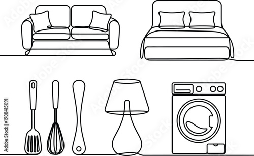 Handdrawn line art of home furniture and kitchen appliances illustration set