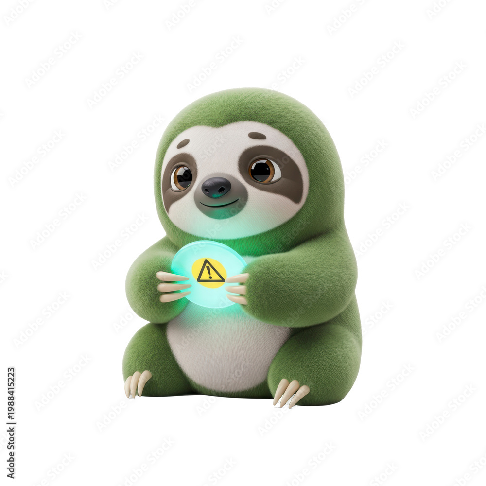 Fototapeta premium Cute cartoon sloth holding glowing warning sign 3D illustration