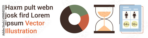 Data analysis, time management, demographics, research, business planning, educational tools. Visual includes chart, hourglass demographic report. Data analysis and time management concept