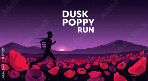 Silhouette Racing in a Field of Poppies at Dusk with the Golden Sunset Glowing