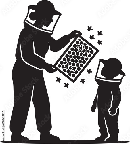 Mother beekeeper showing honeycomb frame to child silhouette