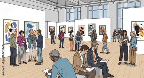 People admiring abstract art paintings in a modern art gallery exhibition.