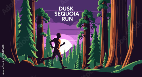 Silhouette Runner Amidst Redwood Giants and Emerald Serenity at Sunset