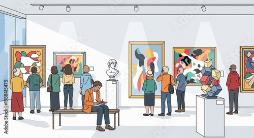 People admiring abstract paintings and sculptures in a modern art gallery exhibition.