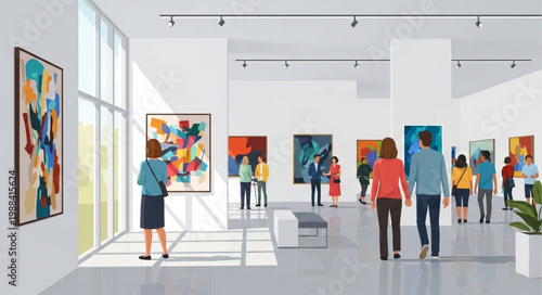 People admiring abstract paintings in a modern art gallery exhibition hall.