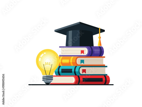Stack of books with graduation cap and glowing light bulb idea symbol.