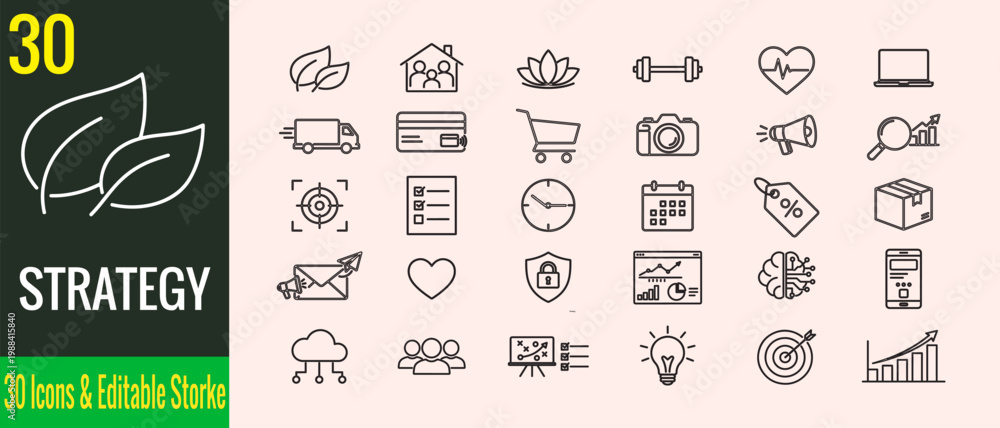 Obraz premium Business, technology, marketing and lifestyle line icons set minimal outline vector collection
