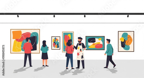 People admiring abstract paintings in an art gallery exhibition.
