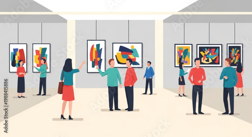 People Admiring Abstract Paintings in an Art Gallery Exhibition.