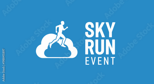 Sky Run Event Logo Depicting Athlete Running on Cloud Over Blue Background