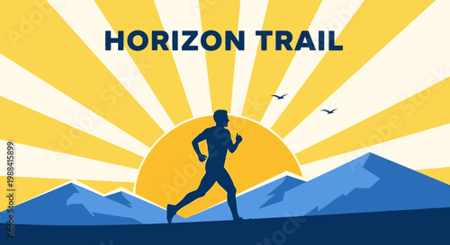 Silhouette Runner On Trail With Sunrise, Birds, And Mountain Background Design Illustration